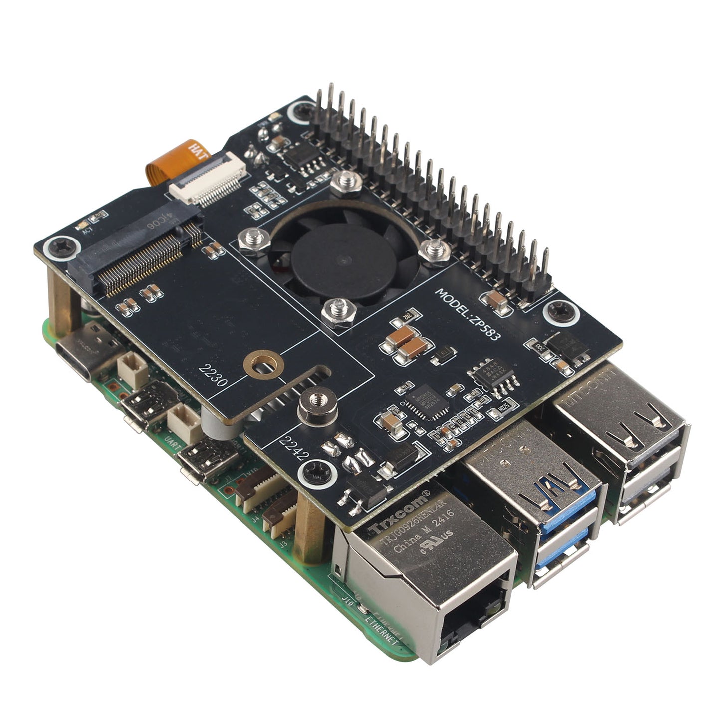ZDE ZP583 PoE HAT PCIe to M.2 Key-M NVMe SSD Adapter Board Power Over Ethernet with Aluminum Heatsink Onboard Cooling Fan