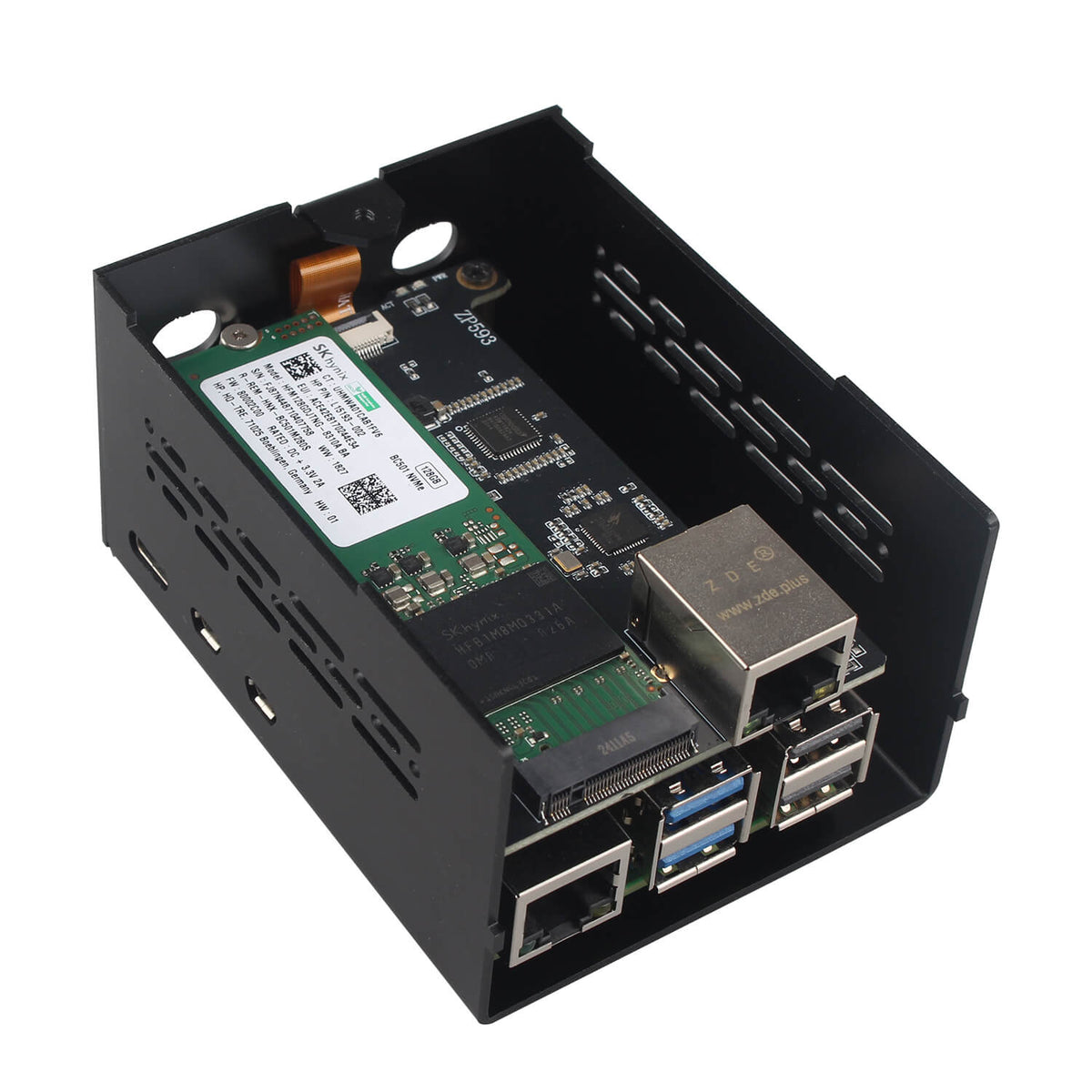 ZDE ZP593 PCIe to 2.5G Ethernet Port HAT PCIe to M.2 Key M NVMe HAT SSD Expansion Board with ZC506 Aluminum Case for Raspberry Pi 5