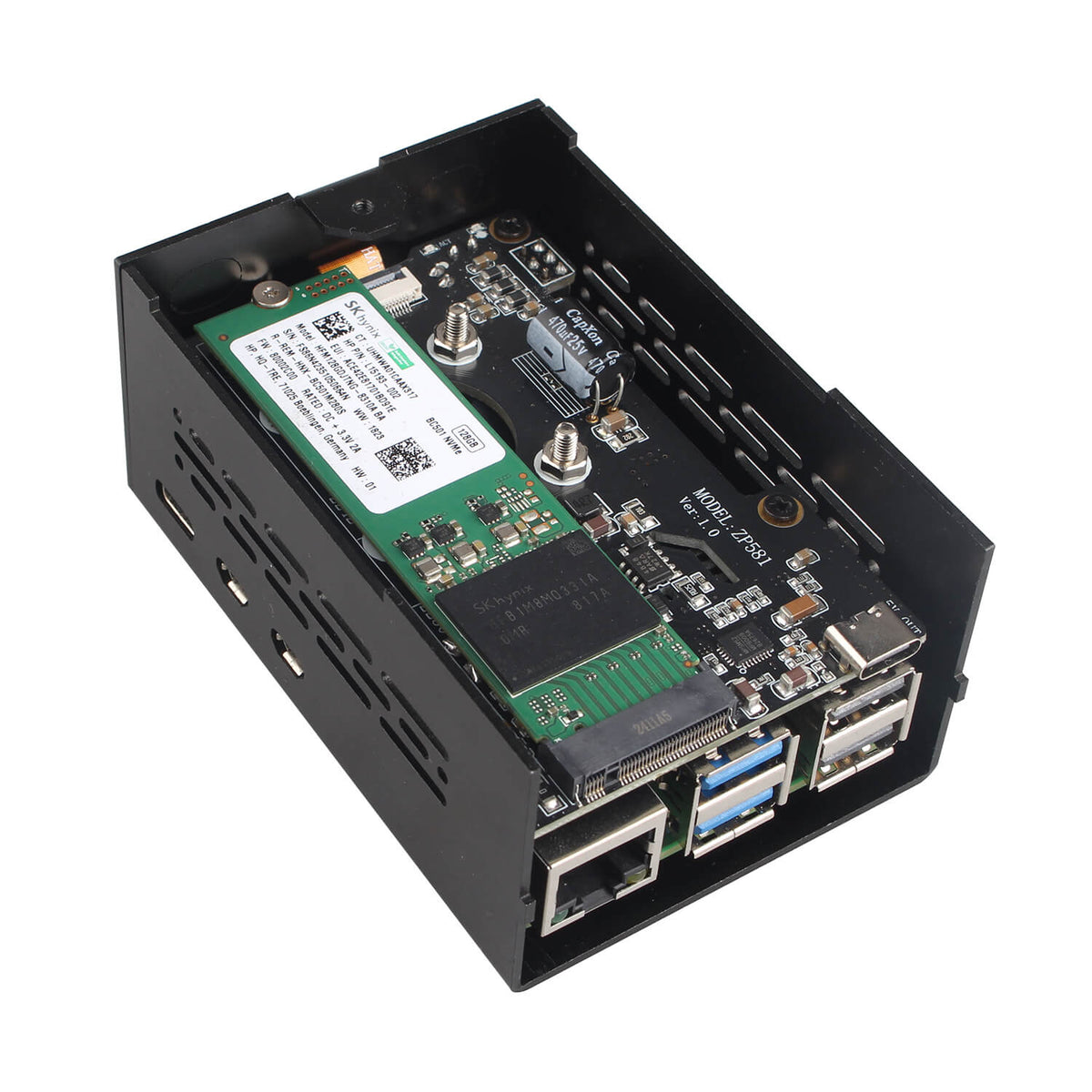 ZDE ZP581 PoE+ HAT PCIe to M.2 Key M NVMe SSD Adapter Board with Aluminum Case ZC501 for Raspberry Pi 5