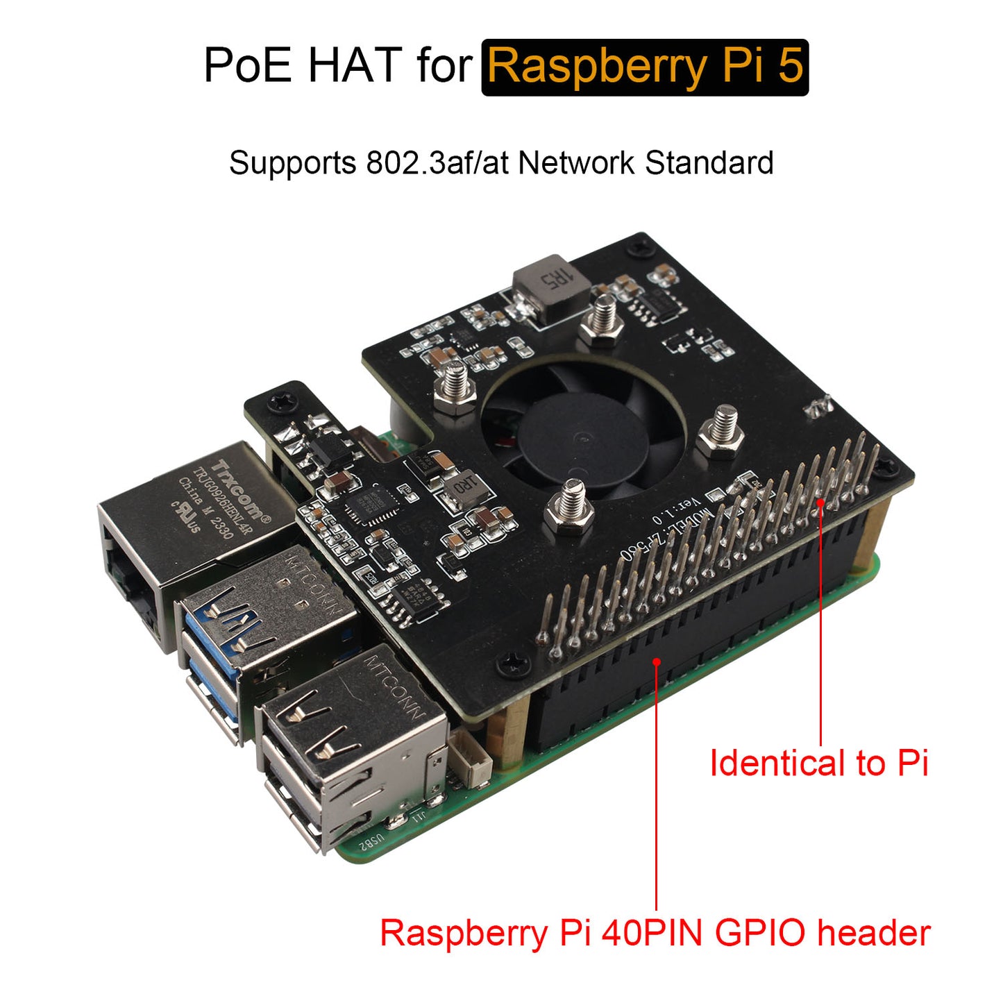 ZDE ZP580 PoE HAT Board Compatible with Raspberry Pi 5 Power Over Ethernet HAT with Onboard Cooling Fan