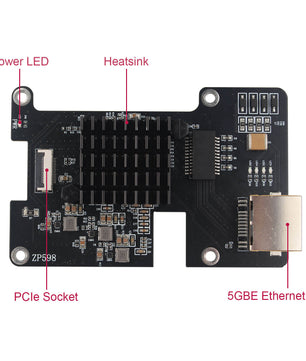 ZDE ZP598 PCIe to 5G Ethernet Network Port HAT Adapter Expansion Board 5GB 5GBE with Aluminum Heatsink for Raspberry Pi 5