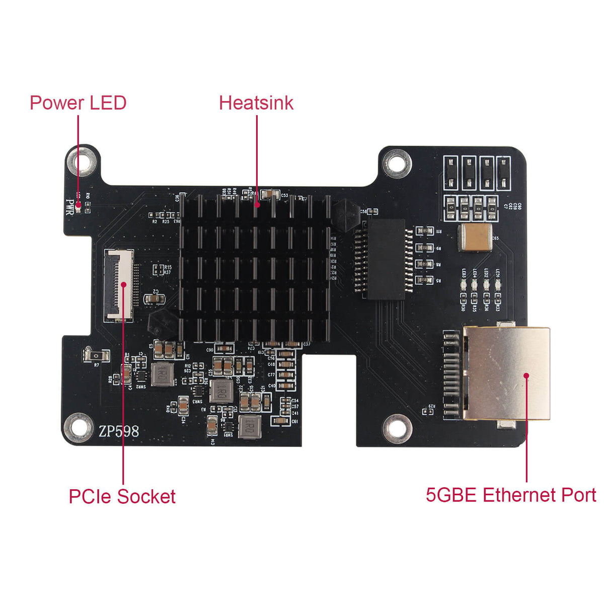ZDE ZP598 PCIe to 5G Ethernet Network Port HAT Adapter Expansion Board 5GB 5GBE with Aluminum Heatsink for Raspberry Pi 5