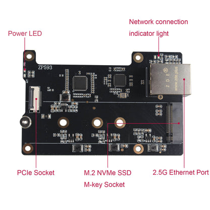 ZDE ZP593 PCIe to 2.5G Ethernet Network Port HAT PCIe to M.2 Key M NVMe HAT SSD Adapter Expansion Board 2.5GB 2.5GBE for Raspberry Pi 5