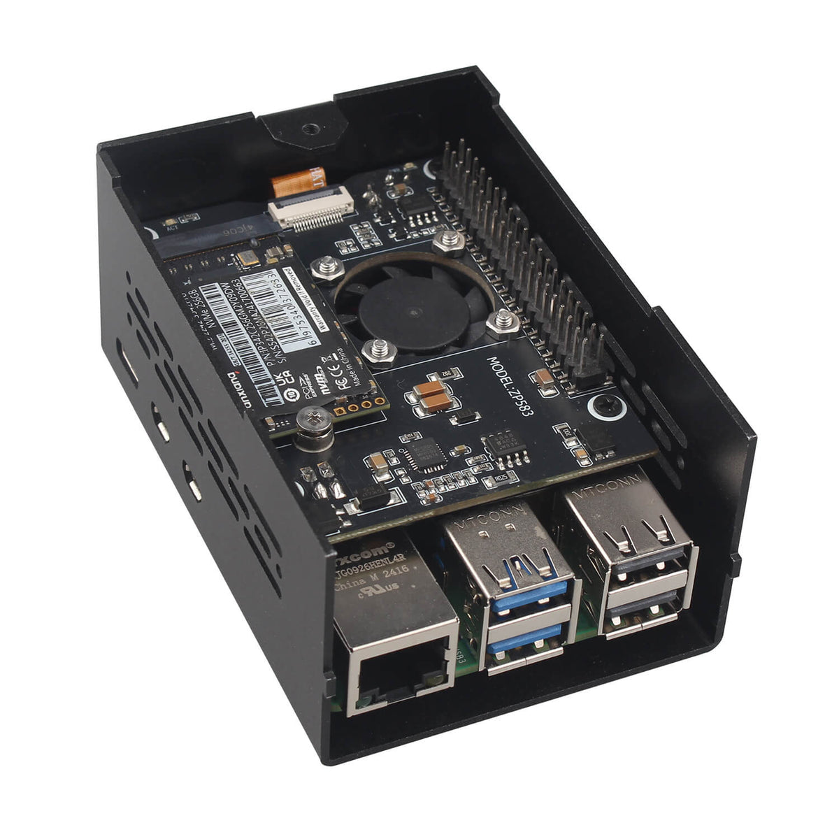 ZDE ZP583 PoE+ HAT PCIe to M.2 Key M NVMe SSD Adapter Board with Aluminum Case ZC501 and Aluminum Heatsink for Raspberry Pi 5