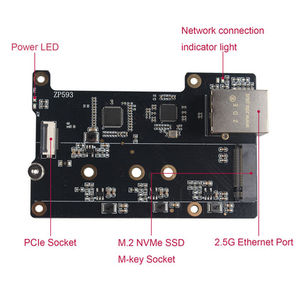 ZDE ZP593 PCIe to 2.5G Ethernet Network Port PCIe to M.2 Key M NVMe SSD HAT Adapter Expansion Board for Raspberry Pi 5