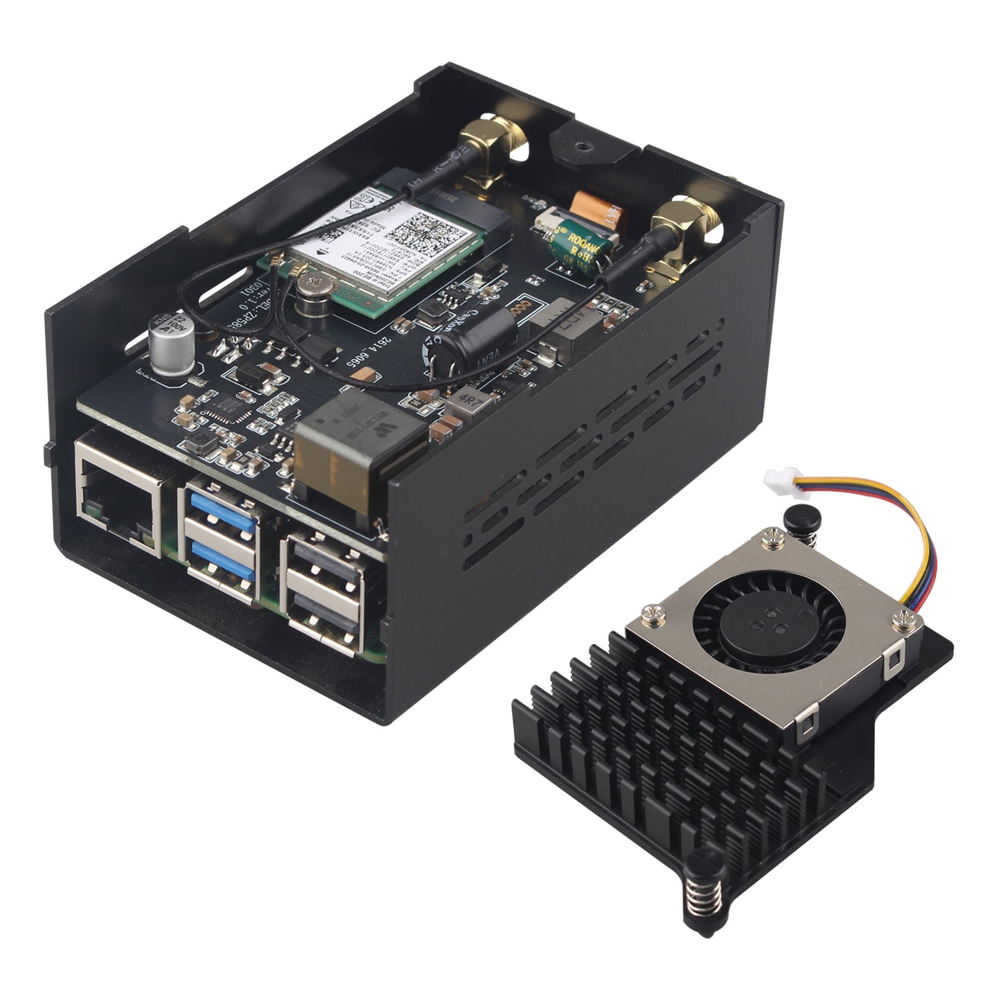 ZDE ZP585 PoE+ HAT PCIe to M.2 E Key WiFi7 6 6E 5 HAT Adapter with ZC501 Aluminum Alloy Case ZP536 Active Cooler for Raspberry Pi 5
