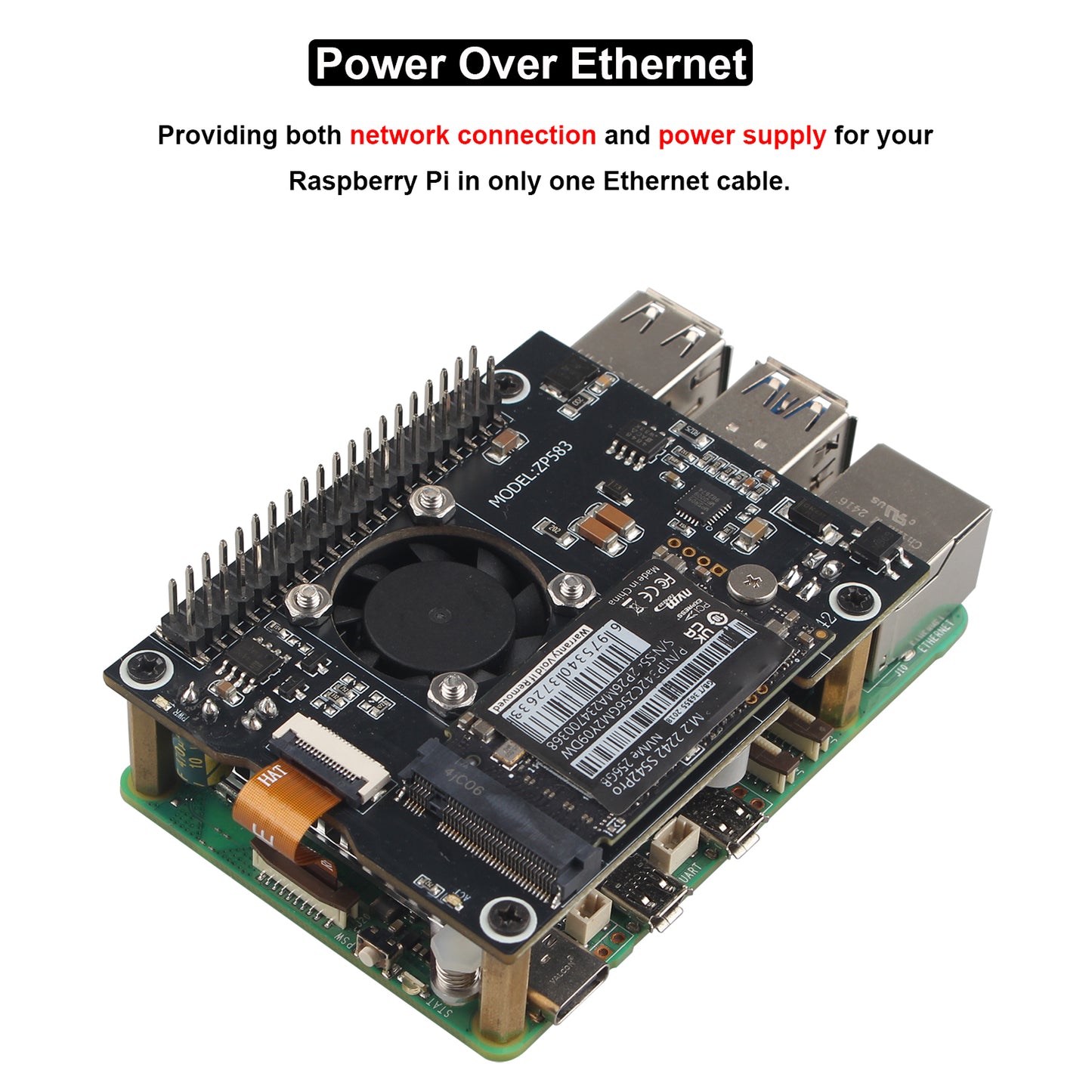 ZDE ZP583 PoE HAT PCIe to M.2 Key-M NVMe SSD Adapter Board Power Over Ethernet with Aluminum Heatsink Onboard Cooling Fan