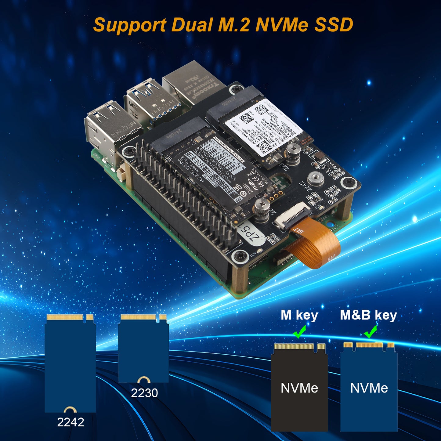 ZDE ZP518 PCIe to Dual M.2 HAT Key M NVMe SSD PCIe Peripheral Board Solid State Drive Adapter Board for Raspberry Pi 5 Support M.2 NVMe SSD 2230 2242