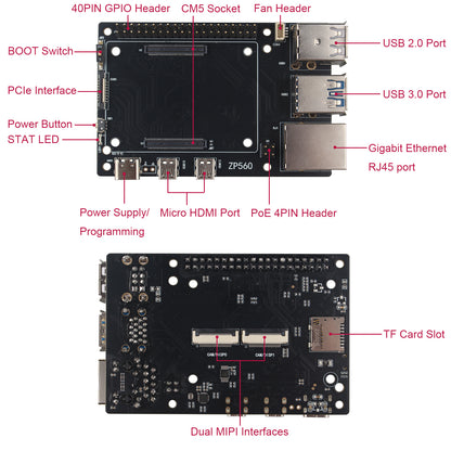 ZDE ZP560 Compute Module 5 IO Carrier Board for Raspberry Pi Compute Module 5, Development Board Support Pi 5 Case, M.2 HAT, PCIe HAT, NVMe HAT, PoE+/PoE HAT, WiFi HAT, Ethernet HAT, AI HAT, etc