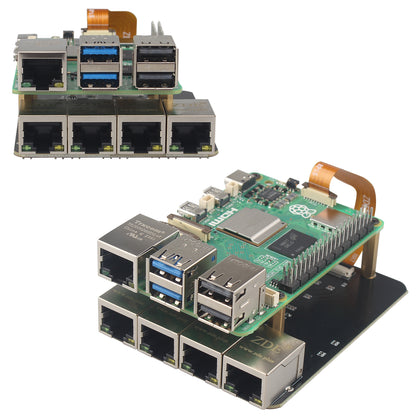 ZDE ZP597 PCIe to 4 Ports 1G Gigabit 1000M Ethernet Network HAT Adapter Expansion Board 1GB 1GBE with Metal Case for Raspberry Pi 5