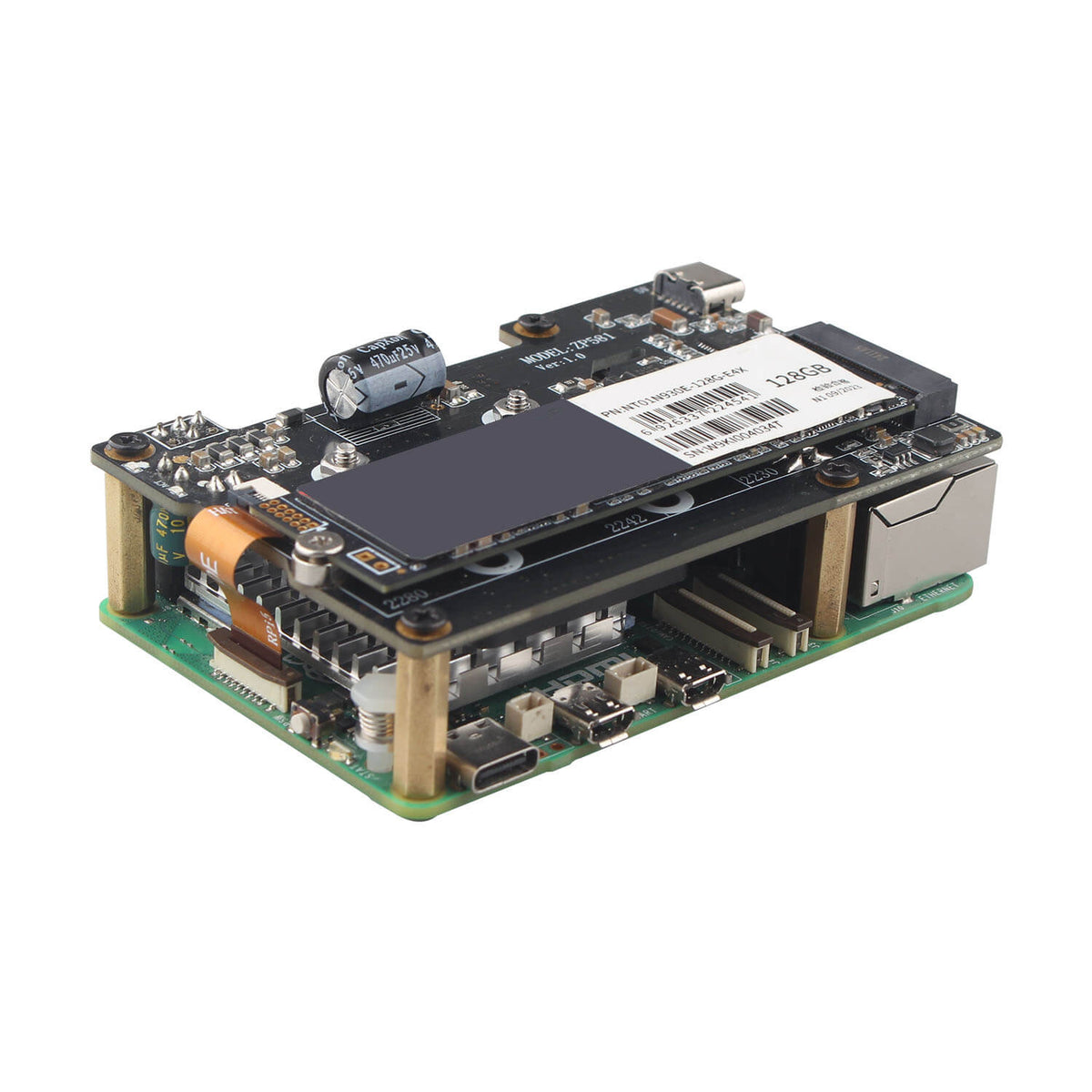 ZDE ZP581C PoE+ HAT PCIe to M.2 Key M NVMe SSD Adapter Board with PWM Cooling Fan Aluminum Alloy Heatsink Power Over Ethernet for Raspberry Pi 5
