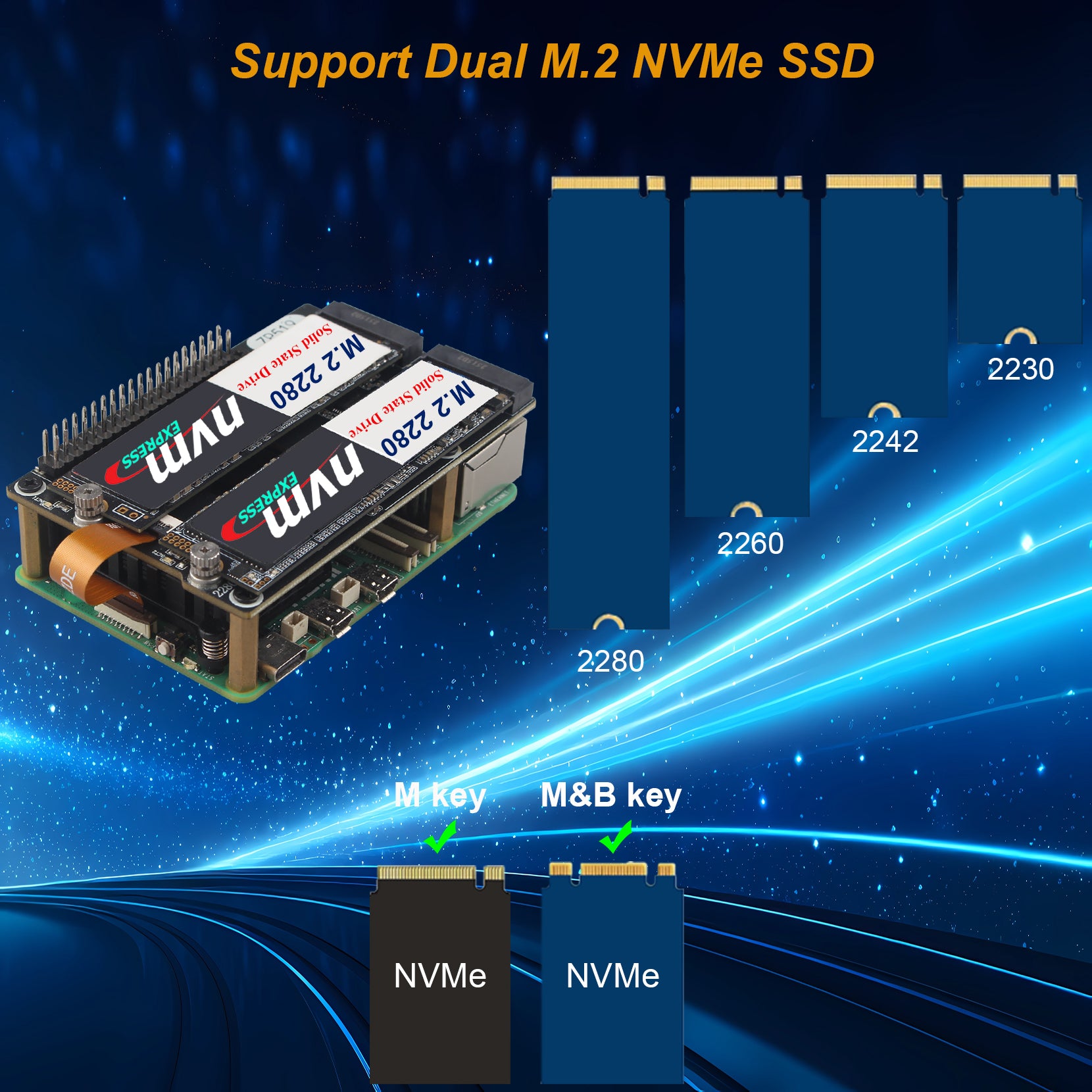 ZDE ZP519 PCIe to Dual M.2 HAT Key-M NVMe SSD PCIe Peripheral Board fo