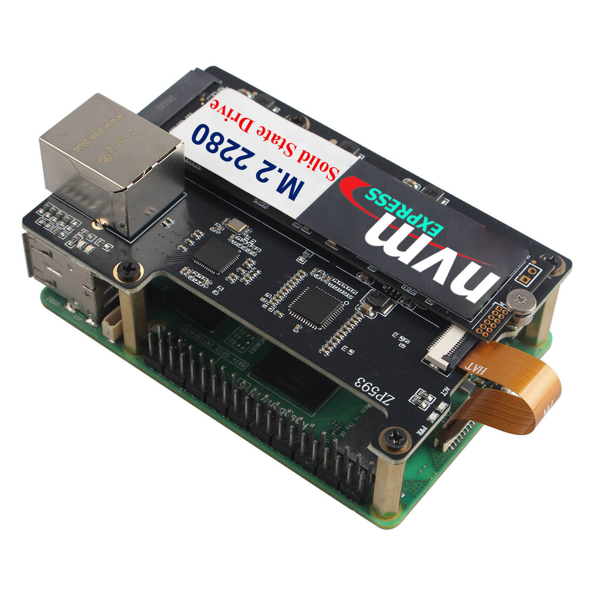 ZDE ZP593 PCIe to 2.5G Ethernet Port HAT PCIe to M.2 Key M NVMe HAT SSD Expansion Board with ZC506 Aluminum Case for Raspberry Pi 5