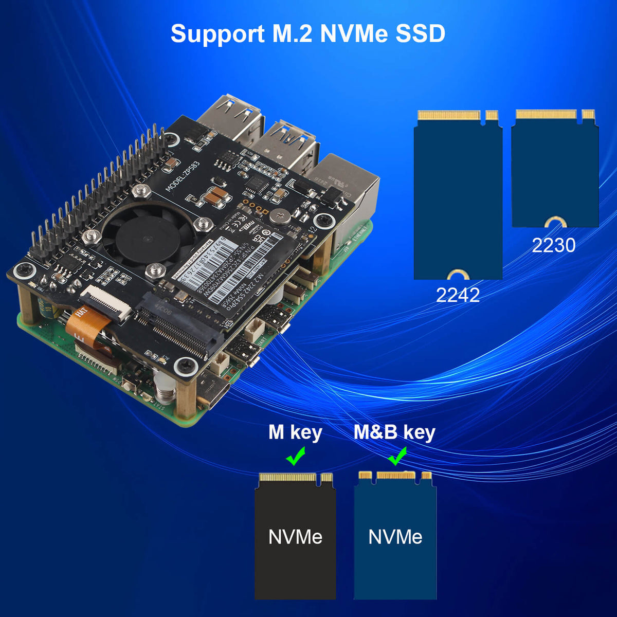 ZDE ZP583 PoE+ HAT PCIe to M.2 Key M NVMe HAT SSD Expansion Board for Raspberry Pi 5 Power Over Ethernet with Aluminum Heatsink Onboard Cooling Fan