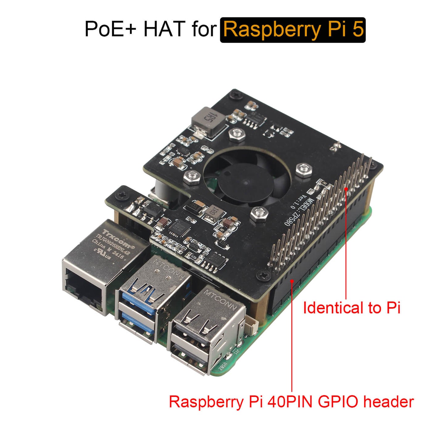 ZDE ZP580 PoE+ HAT for Raspberry Pi 5 Power Over Ethernet Expansion Board with Onboard Cooling Fan
