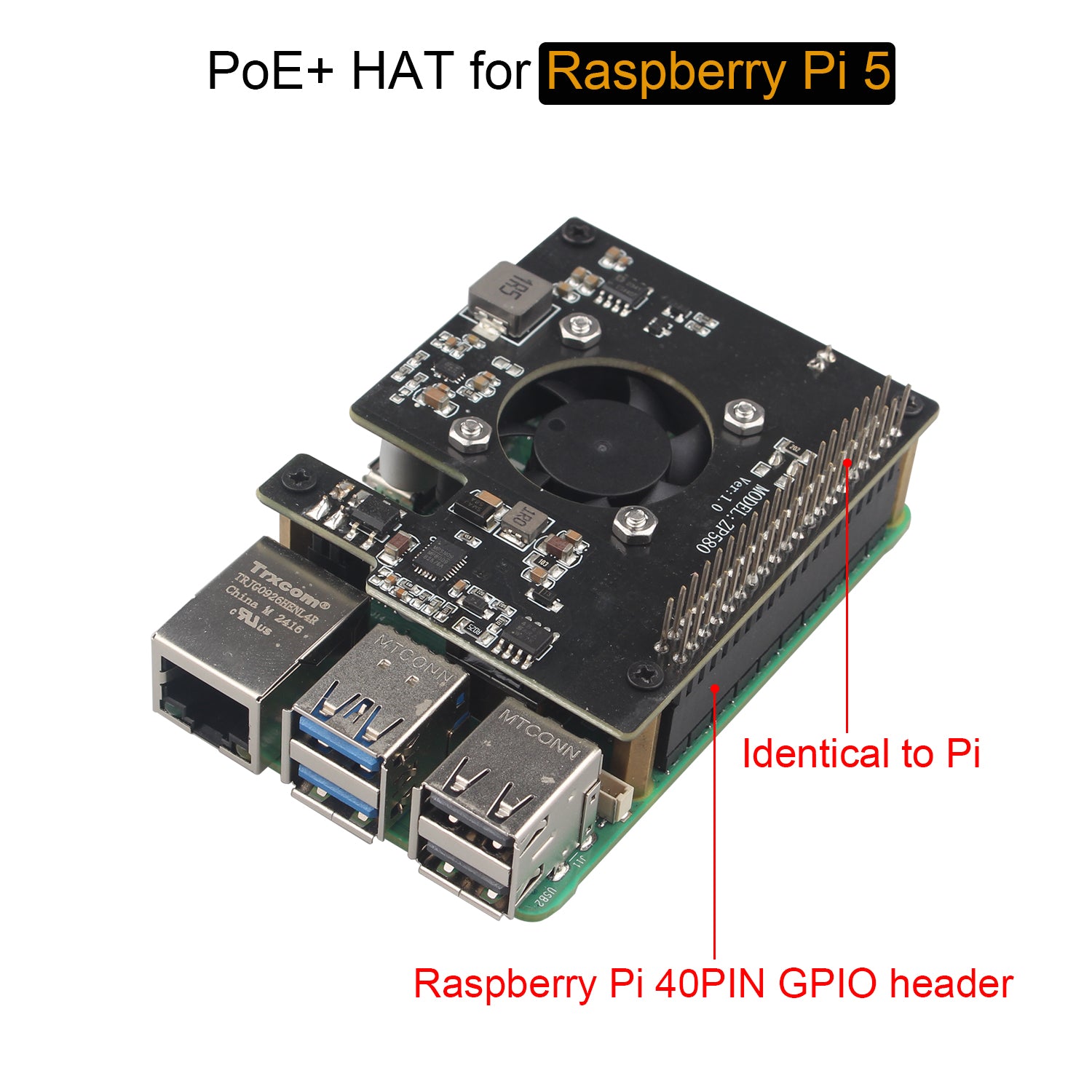 ZDE ZP580 PoE+ HAT for Raspberry Pi 5 Power Over Ethernet HAT with Onb
