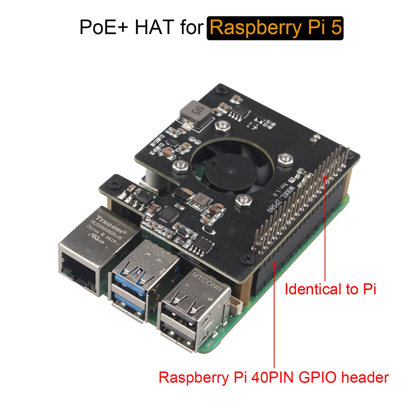 ZDE ZP580 PoE+ HAT for Raspberry Pi 5 Power Over Ethernet HAT Adapter Board Supports 802.3af/at Network Standard with Onboard Cooling Fan