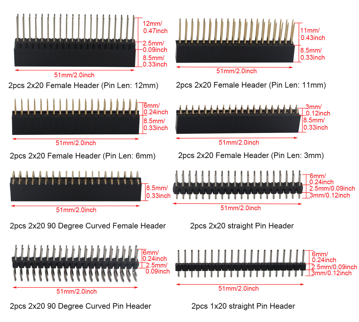ZDE 2x20 40 Pin Stacking Female Header Kit GPIO Stacking Header Extender Pico Header Pack for Raspberry Pi 5/4B/3B+/3B/2B/B+/A+/Zero/Zero W/Zero 2 W (8 Specifications 16pcs)