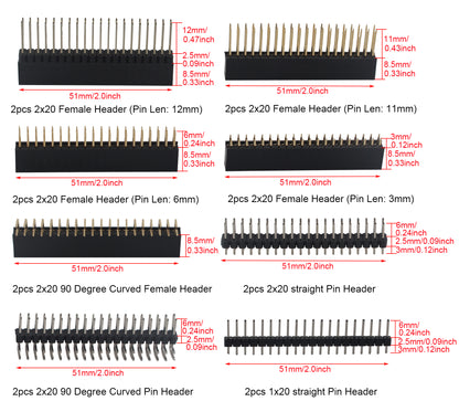 ZDE 2x20 40 Pin Stacking Female Header Kit GPIO Stacking Header Extender Pico Header Pack for Raspberry Pi 5/4B/3B+/3B/2B/B+/A+/Zero/Zero W/Zero 2 W (8 Specifications 16pcs)
