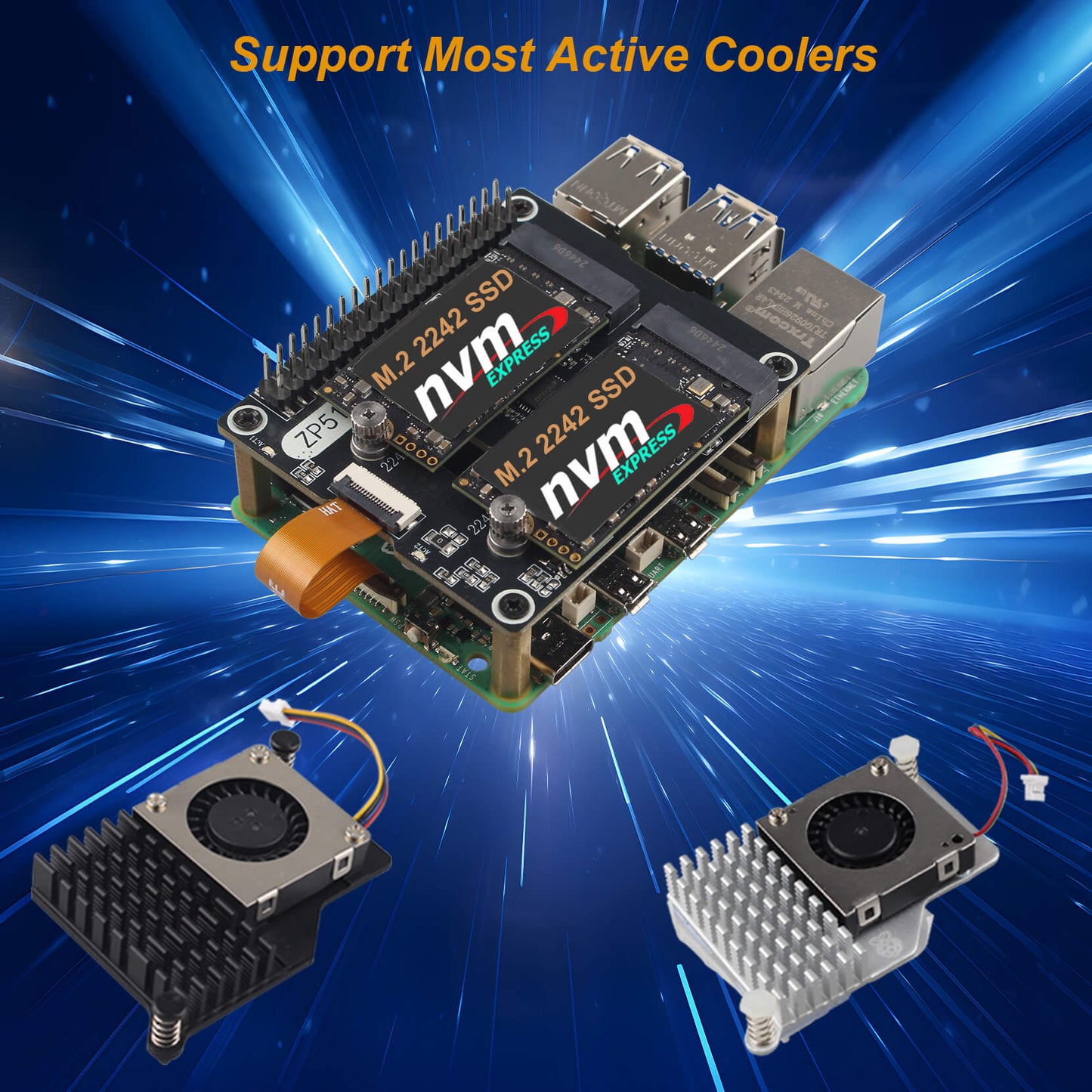 ZDE ZP518 PCIe to Dual M.2 HAT Key M NVMe SSD PCIe Peripheral Board for Raspberry Pi 5