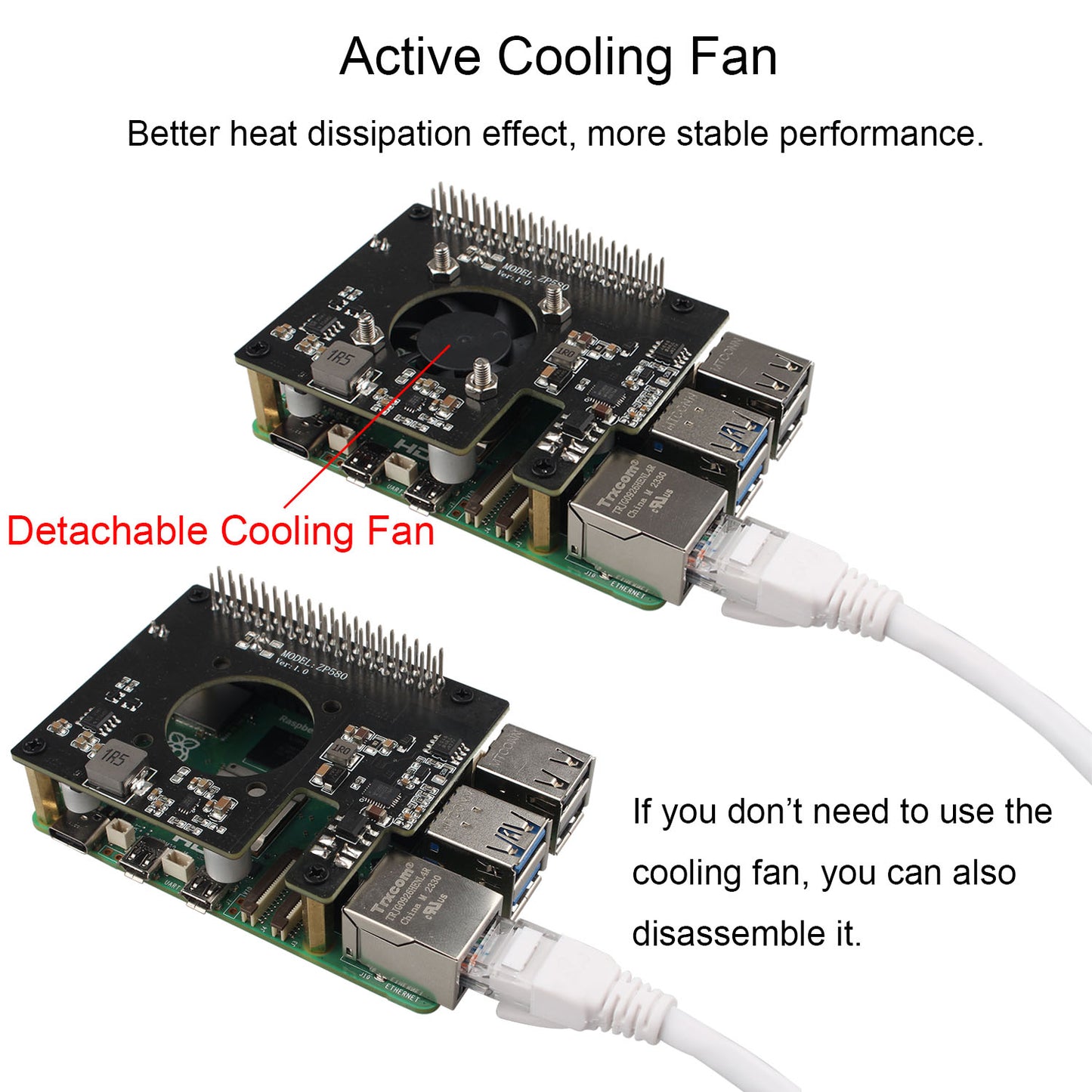 ZDE ZP580 PoE HAT Board Compatible with Raspberry Pi 5 Power Over Ethernet HAT with Onboard Cooling Fan