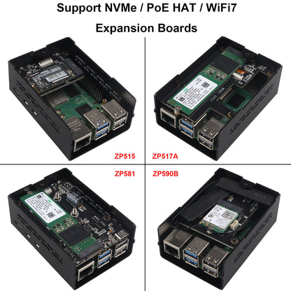 ZDE ZC502 Aluminum Case for Raspberry Pi 5 2GB/4GB/8GB/16GB Support PCIe to M.2 NVMe PoE HAT WiFi7 PCIe Peripheral Board ZP515/ZP516/ZP517A/ZP581/ZP582/ZP590B and Raspberry Pi 5 Active Cooler