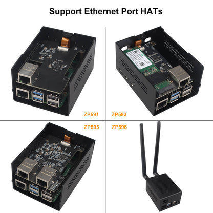 ZDE ZC506 Aluminum Case for Raspberry Pi 5 Support PCIe to 2.5G 5G Ethernet Port M.2 NVMe PoE+ HAT WiFi Shield PCIe Peripheral Board ZP591 ZP593 ZP595 ZP596 ZP598 and Pi 5 Active Cooler