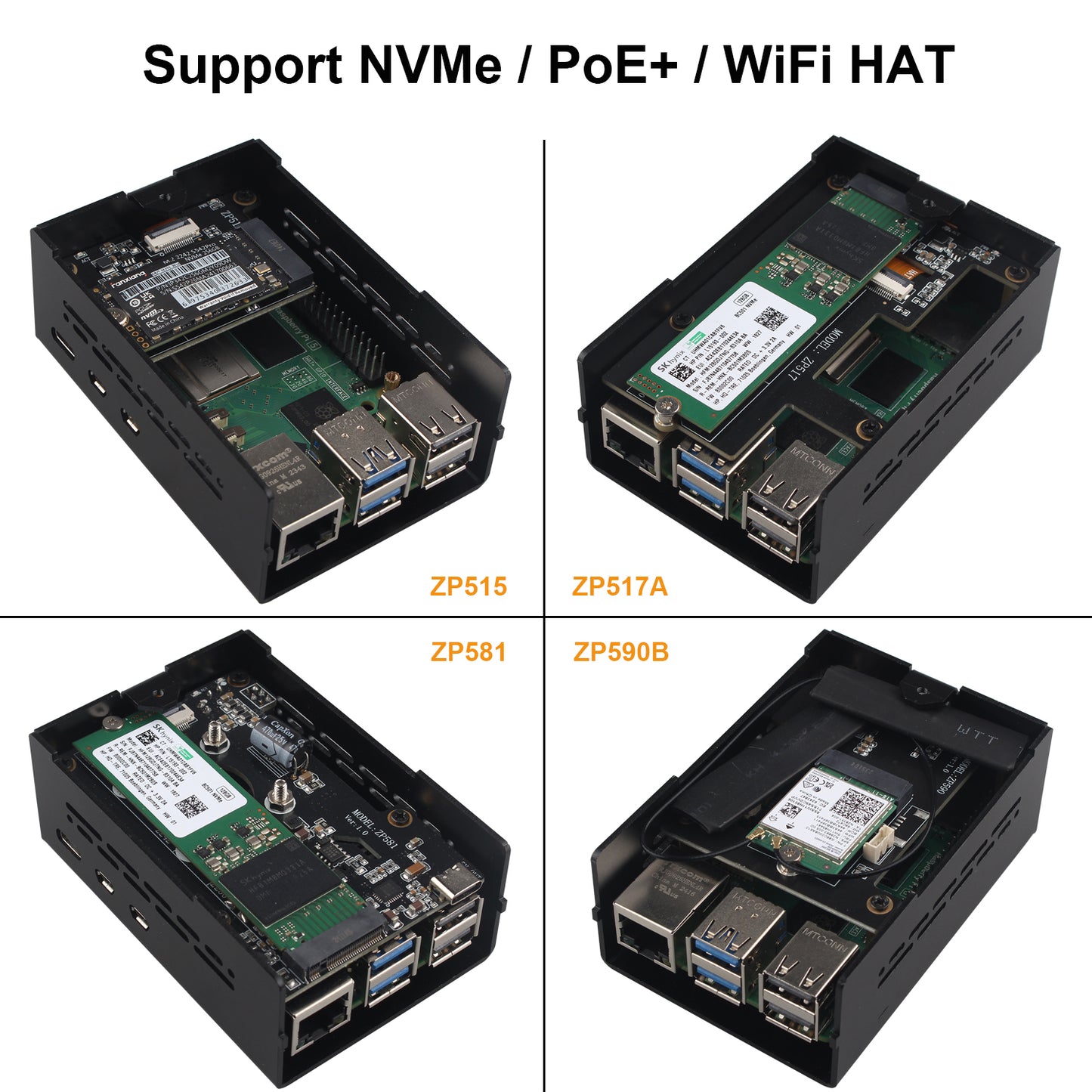 ZDE ZC502 Aluminum Case for Raspberry Pi 5, Support Pi 5 Active Cooler, PCIe to M.2 NVMe HAT, PoE+ HAT, WiFi Shield PCIe Peripheral Board ZP515 ZP516 ZP517A ZP581 ZP582 ZP590B