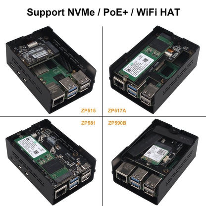 ZDE ZC502 Aluminum Case for Raspberry Pi 5, Support Pi 5 Active Cooler, PCIe to M.2 NVMe HAT, PoE+ HAT, WiFi Shield PCIe Peripheral Board ZP515 ZP516 ZP517A ZP581 ZP582 ZP590B