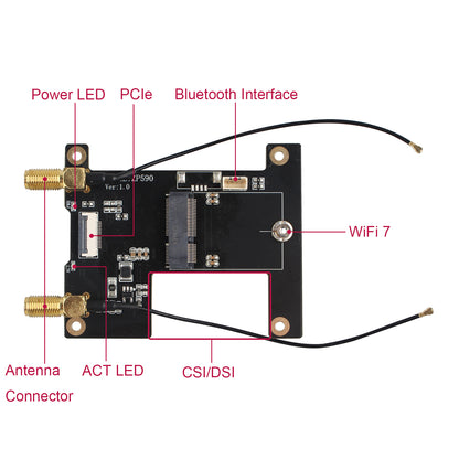 ZDE ZP590A PCIe to M.2 E Key HAT PCIE to WiFi7 6 6E 5 Module Adapter Expansion Board for Raspberry Pi 5 WiFi Adapter Board Support Google TPU WiFi 7 BE200 WIFI6E AX210 MT7922 WIFI6 AX200