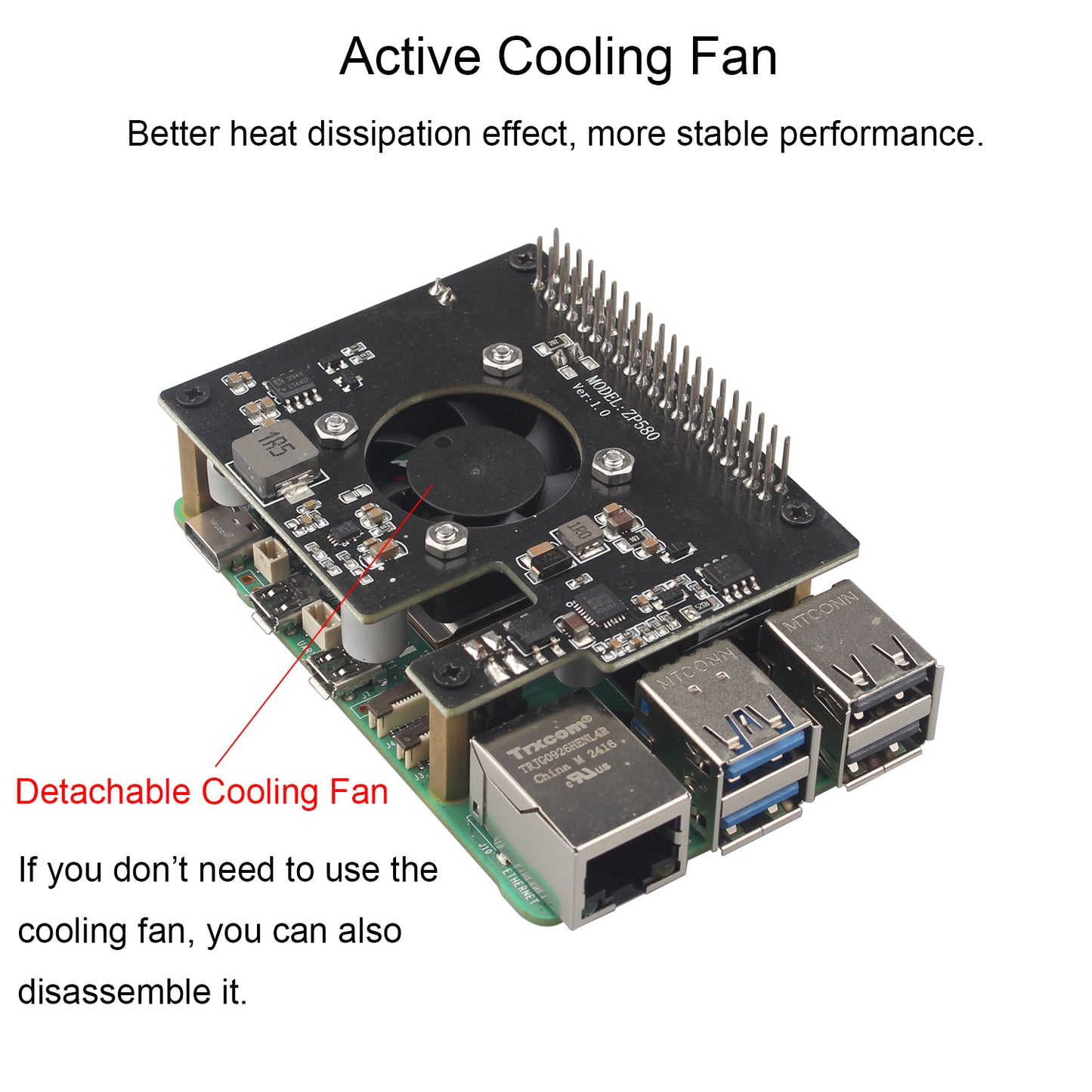 ZDE ZP580 PoE+ HAT for Raspberry Pi 5 Power Over Ethernet HAT Adapter Board Supports 802.3af/at Network Standard with Onboard Cooling Fan