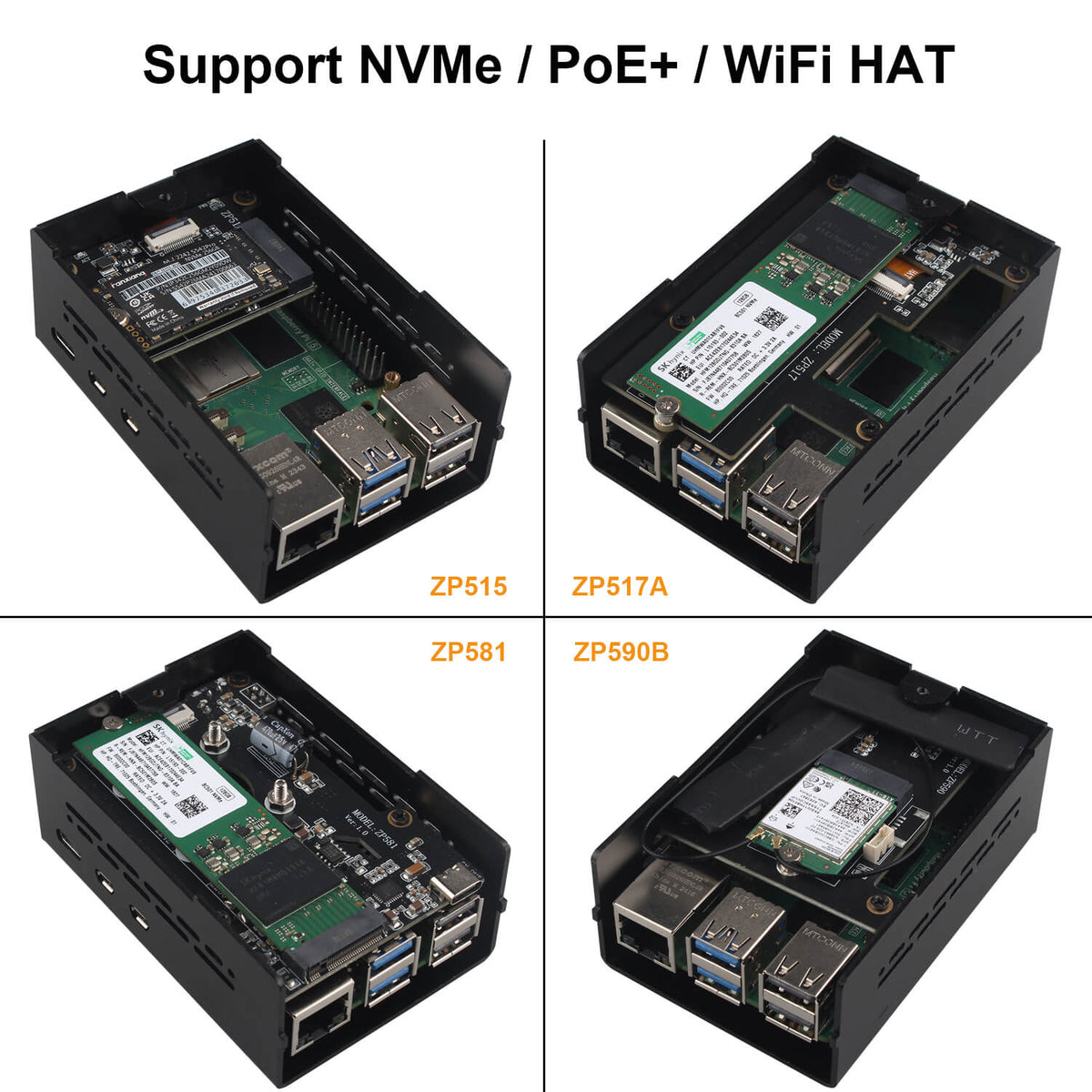 ZDE ZC502 Aluminum Case for Raspberry Pi 5, Support Pi 5 Active Cooler, PCIe to M.2 NVMe HAT, PoE+ HAT, WiFi Shield PCIe Peripheral Board