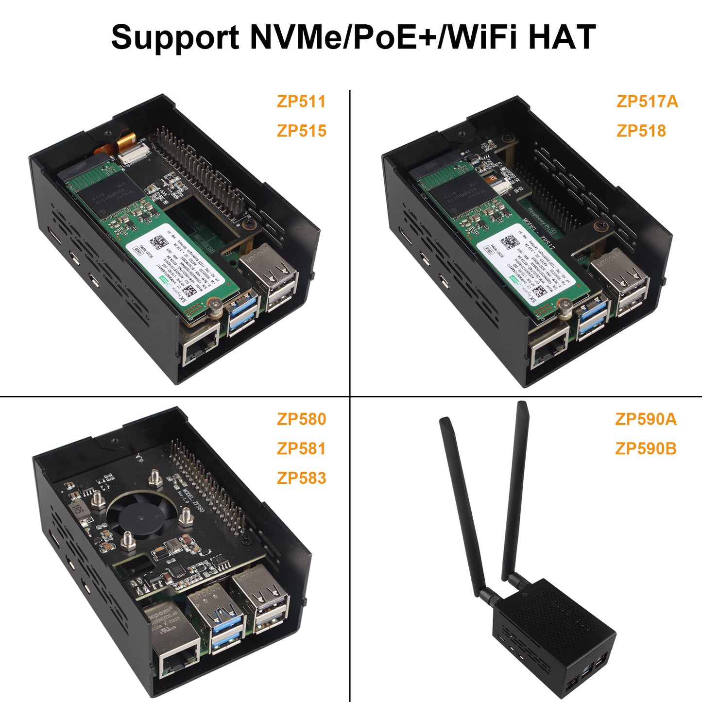 ZDE ZC501 Aluminum Case for Raspberry Pi 5, Support Pi 5 Active Cooler, PCIe to M.2 NVMe HAT, PoE+ HAT, WiFi Shield PCIe Peripheral Board