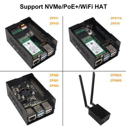 ZDE ZC501 Aluminum Case for Raspberry Pi 5, Support Pi 5 Active Cooler, PCIe to M.2 NVMe HAT, PoE+ HAT, WiFi Shield PCIe Peripheral Board