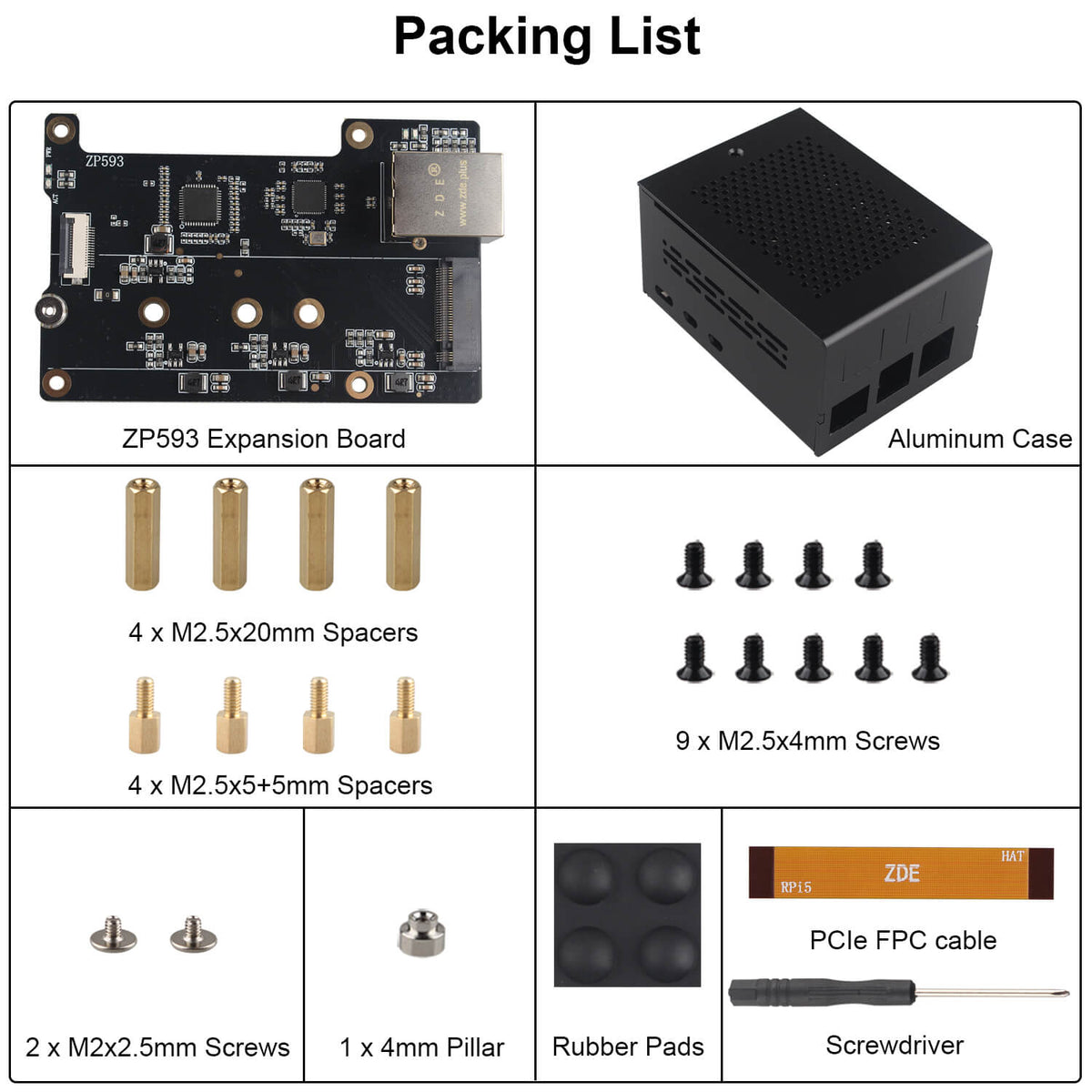 ZDE ZP593 PCIe to 2.5G Ethernet Port HAT PCIe to M.2 Key M NVMe HAT SSD Expansion Board with ZC506 Aluminum Case for Raspberry Pi 5
