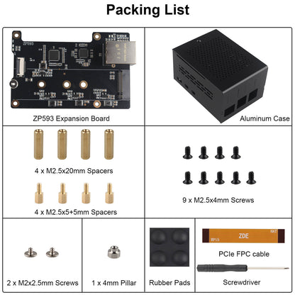 ZDE ZP593 PCIe to 2.5G Ethernet Port HAT PCIe to M.2 Key M NVMe HAT SSD Expansion Board with ZC506 Aluminum Case for Raspberry Pi 5
