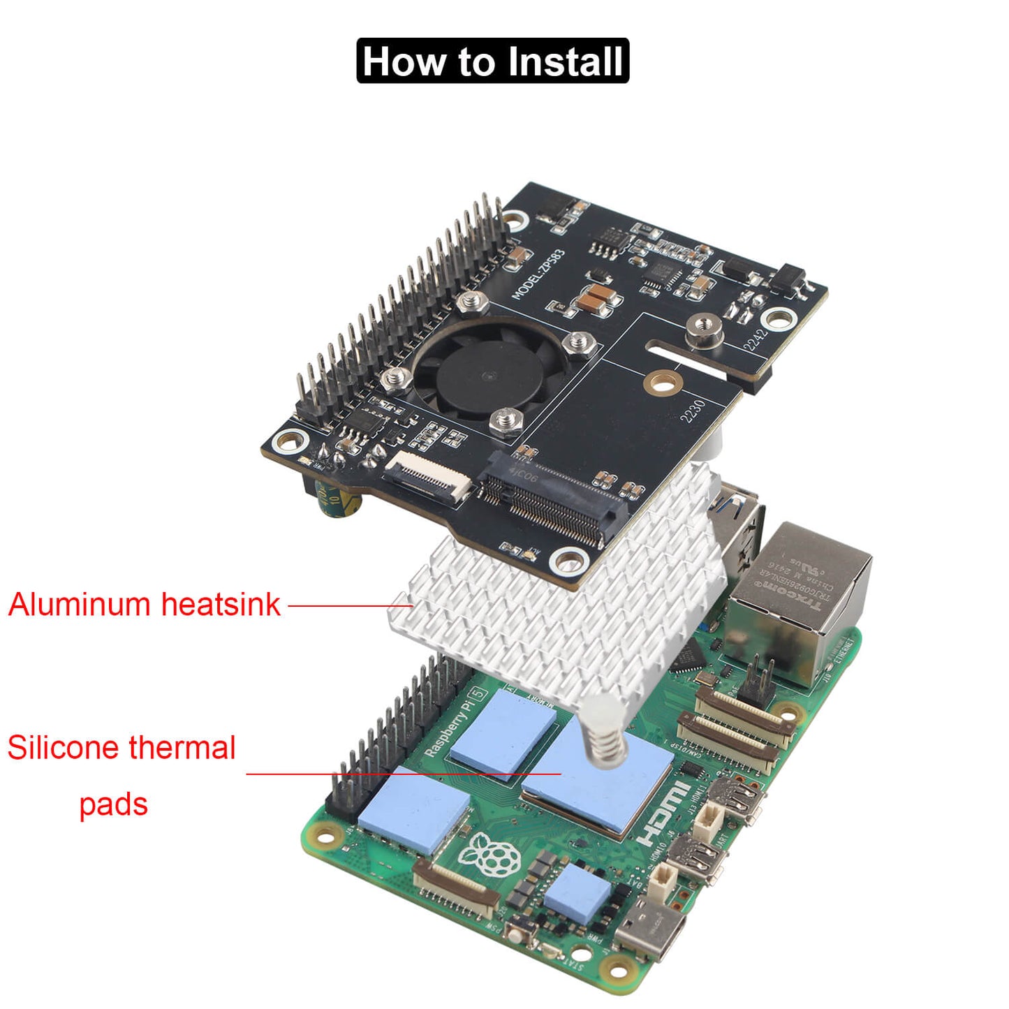 ZDE ZP583 PoE+ HAT PCIe to M.2 Key M NVMe HAT SSD Expansion Board for Raspberry Pi 5 Power Over Ethernet with Aluminum Heatsink Onboard Cooling Fan
