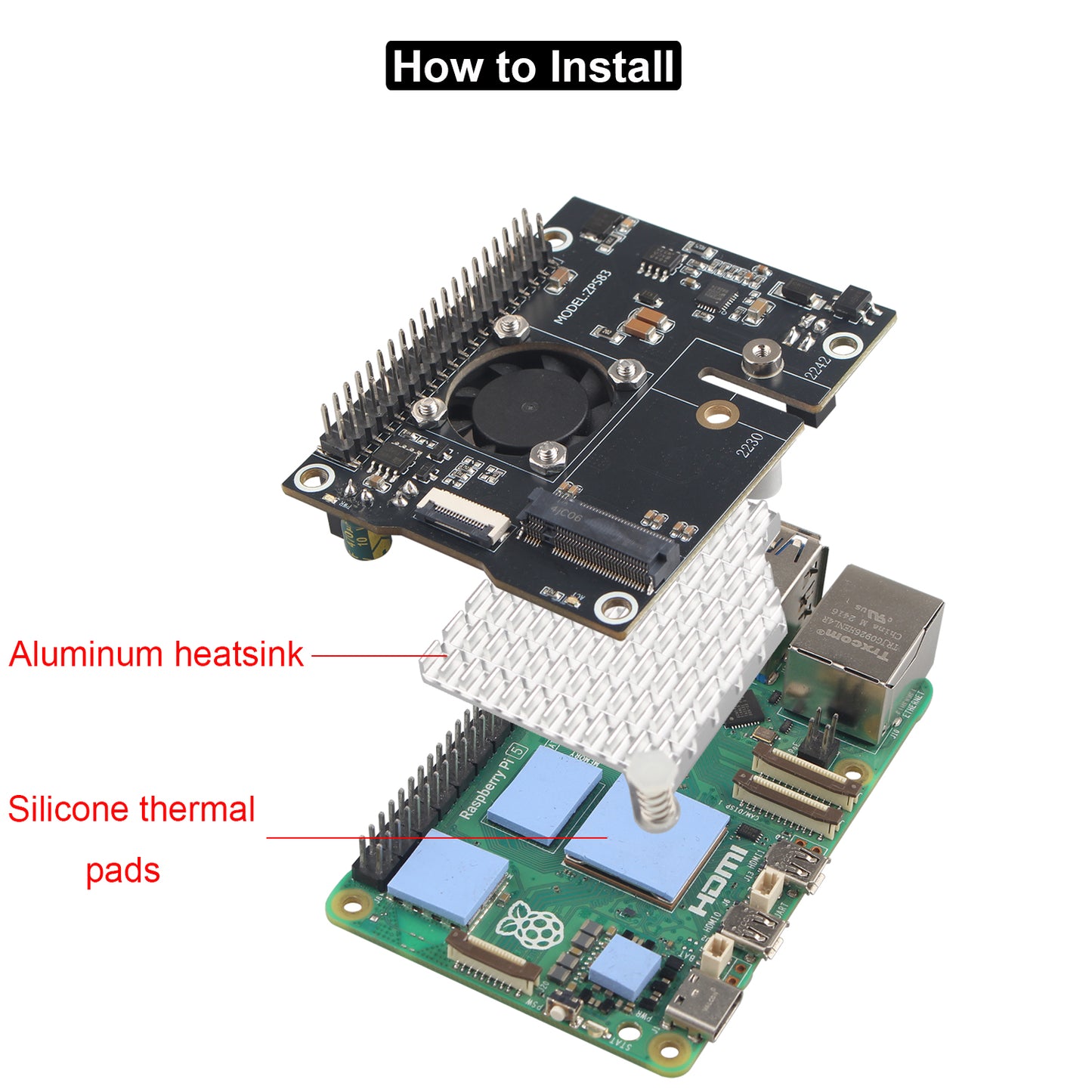 ZDE ZP583 PoE+ HAT PCIe to M.2 Key M NVMe SSD Adapter Board Power Over Ethernet with Aluminum Heatsink Onboard Cooling Fan for Raspberry Pi 5
