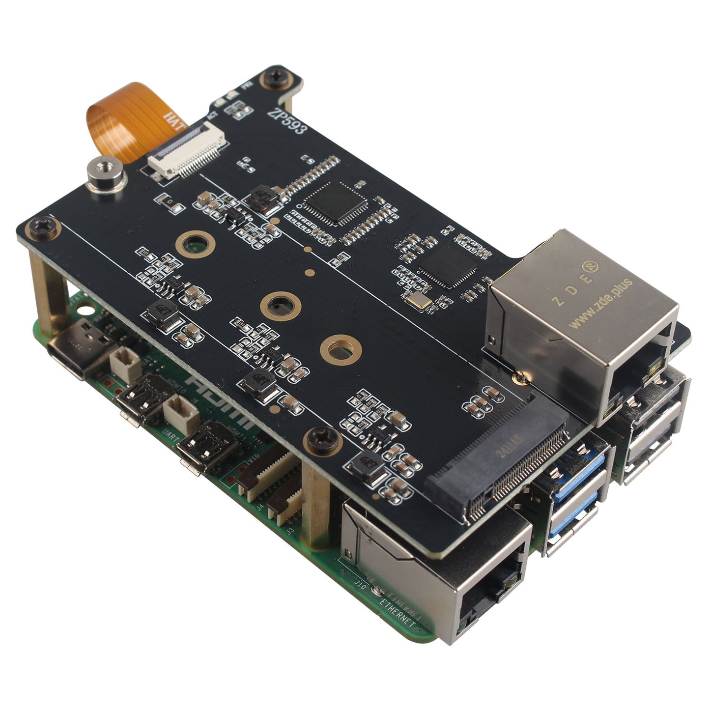 ZDE ZP593 PCIe to 2.5G Ethernet Network Port PCIe to M.2 Key M NVMe SSD HAT Adapter Expansion Board for Raspberry Pi 5 Support M.2 NVMe 2230 2242 2260 2280 SSD