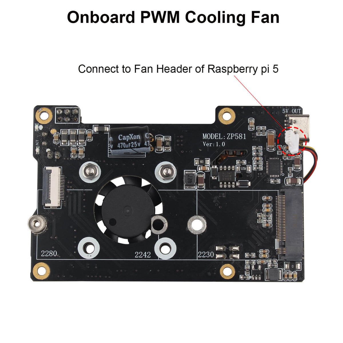 ZDE ZP581C PoE+ HAT PCIe to M.2 Key M NVMe SSD Adapter Board with PWM Cooling Fan Aluminum Alloy Heatsink Power Over Ethernet for Raspberry Pi 5