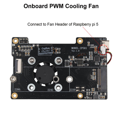 ZDE ZP581C PoE+ HAT PCIe to M.2 Key M NVMe SSD Adapter Board with PWM Cooling Fan Aluminum Alloy Heatsink Power Over Ethernet for Raspberry Pi 5