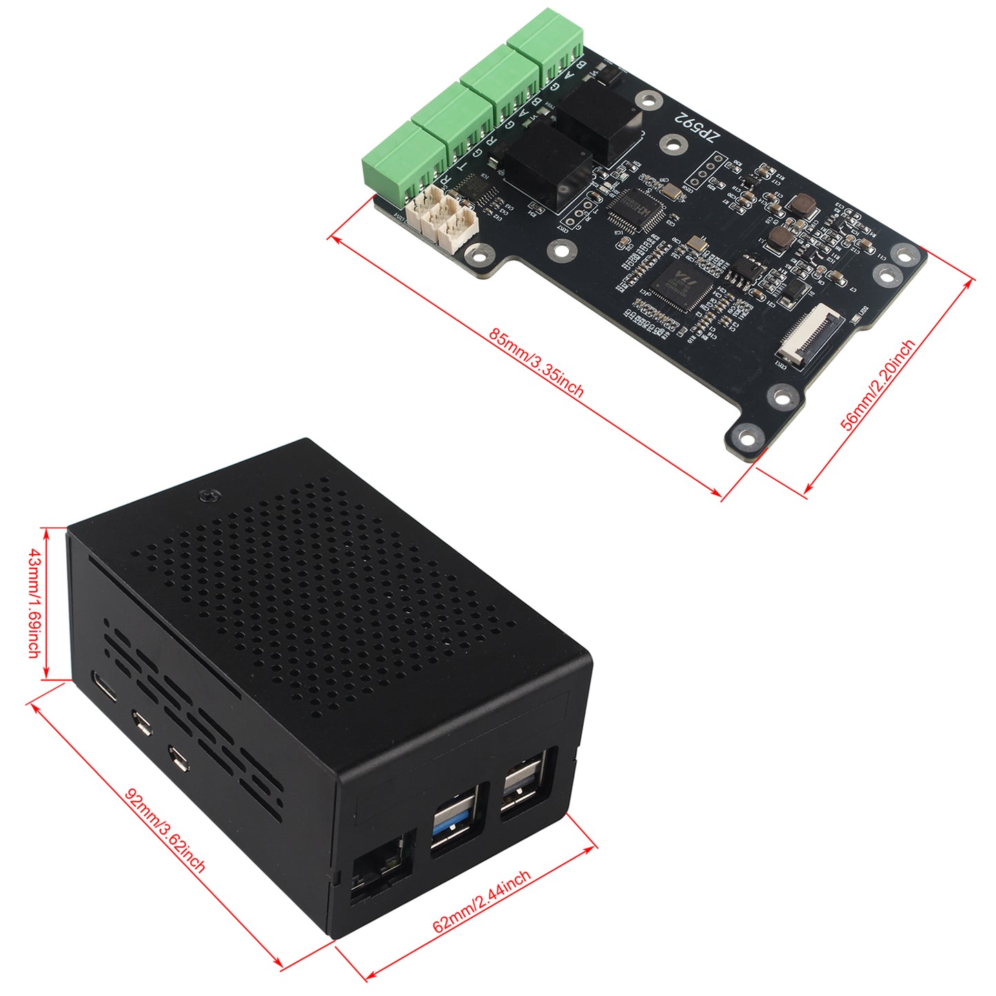 ZDE Aluminum Case ZC501 with ZP592 PCIe to Dual Channel RS485 Dual Channel RS232 HAT Expansion Board PCIe Peripheral Board for Raspberry Pi 5 2GB/4GB/8GB/16GB