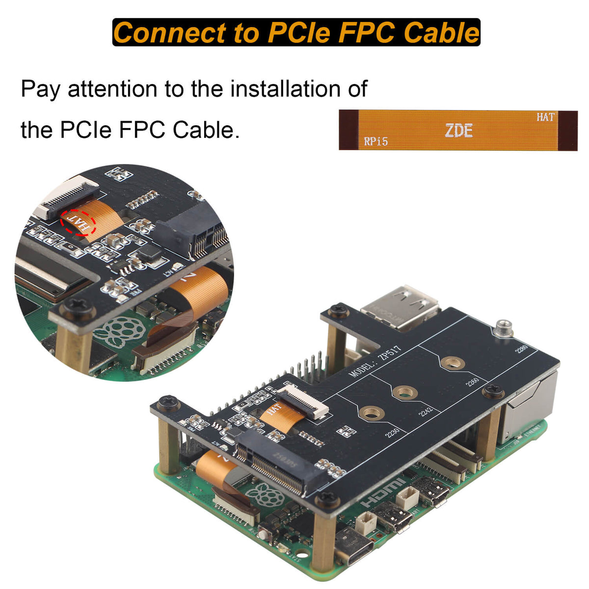 ZDE ZP517A PCIe to M.2 Key M NVMe HAT SSD Expansion Board for Raspberry Pi 5