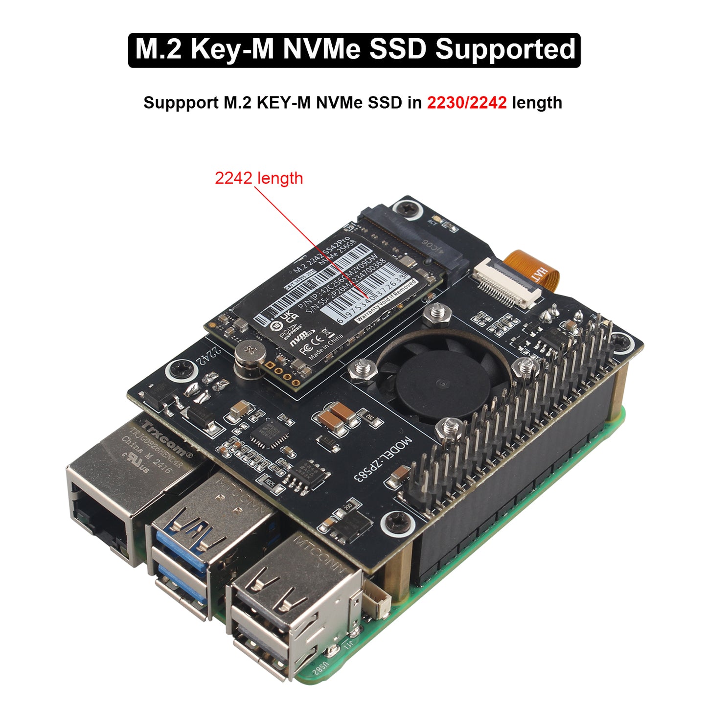 ZDE ZP583 PoE HAT PCIe to M.2 Key-M NVMe SSD Adapter Board Power Over Ethernet with Aluminum Heatsink Onboard Cooling Fan