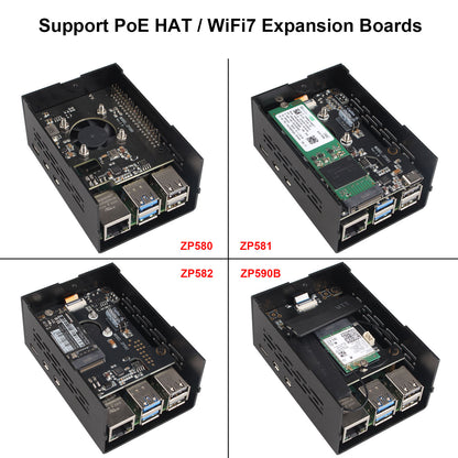 ZDE ZC501 Aluminum Case for Raspberry Pi 5 2GB/4GB/8GB/16GB Support PCIe to M.2 NVMe PoE HAT WiFi7 RS485 RS232 PCIe Peripheral Board ZP511/ZP517A/ZP581/ZP590A/ZP592 and Raspberry Pi 5 Active Cooler