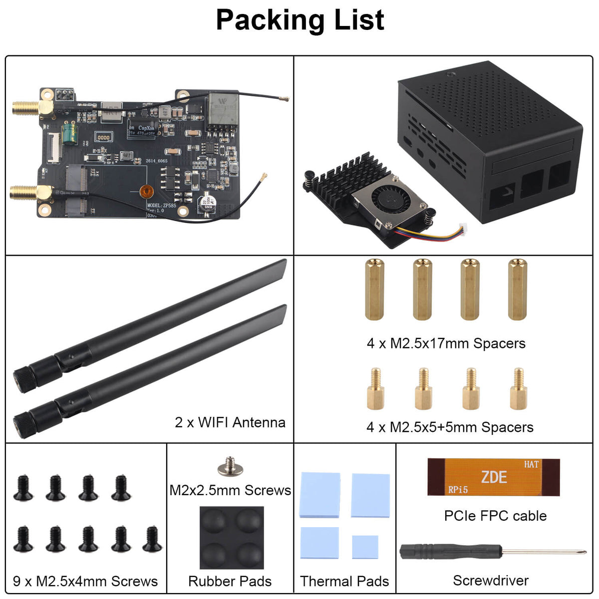 ZDE ZP585 PoE+ HAT PCIe to M.2 E Key WiFi7 6 6E 5 HAT Adapter with ZC501 Aluminum Alloy Case ZP536 Active Cooler for Raspberry Pi 5