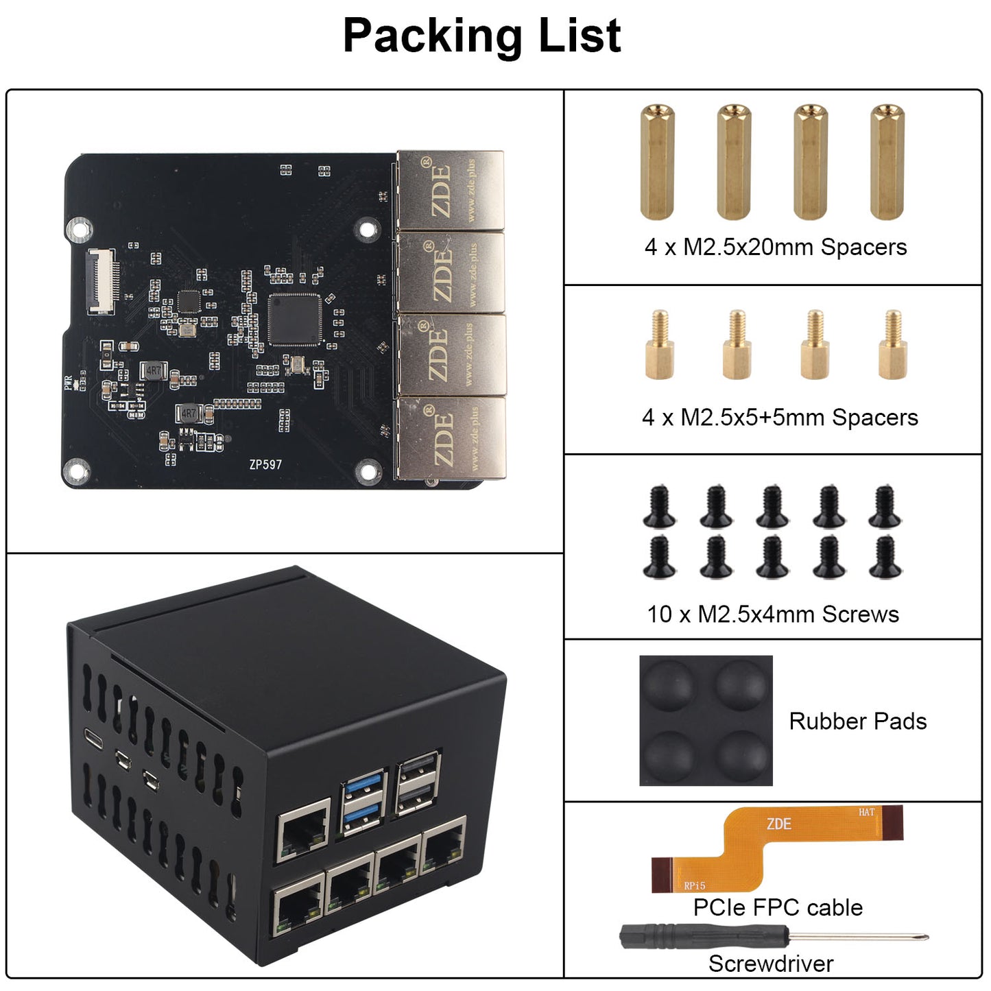 ZDE ZP597 PCIe to 4 Ports 1G Gigabit 1000M Ethernet Network HAT Adapter Expansion Board 1GB 1GBE with Metal Case for Raspberry Pi 5