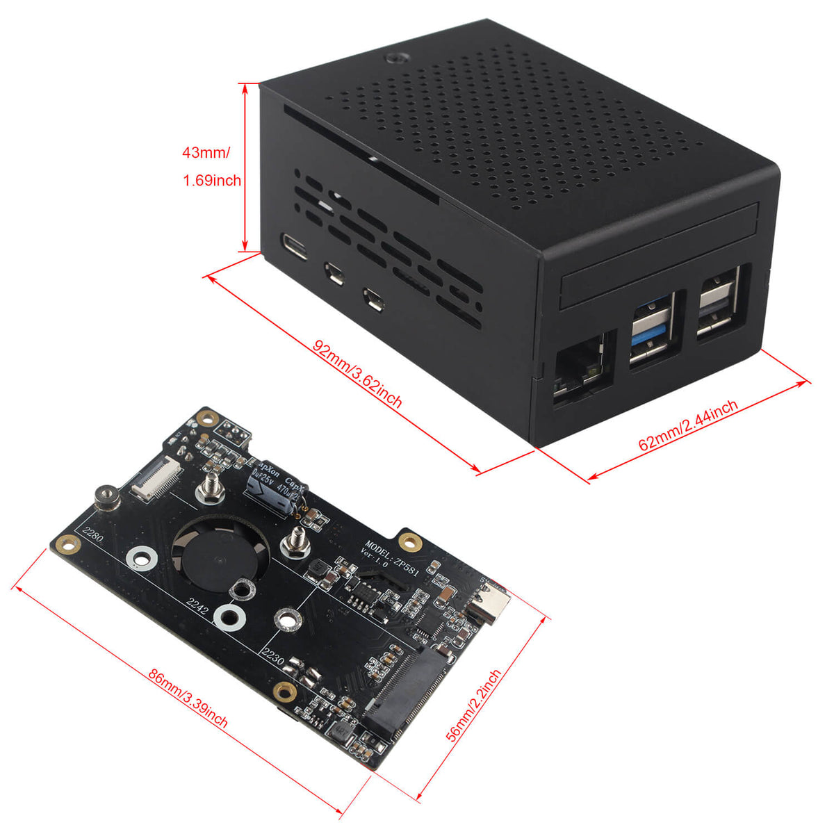 ZDE ZP581 PoE+ HAT PCIe to M.2 Key M NVMe SSD Adapter Board with Aluminum Case ZC501 for Raspberry Pi 5