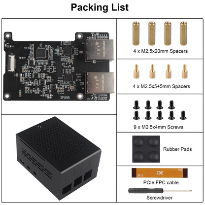 ZDE ZP595 PCIe to Dual 2.5G Ethernet Port HAT Expansion Board with ZC506 Aluminum Case for Raspberry Pi 5 2GB/4GB/8GB/16GB