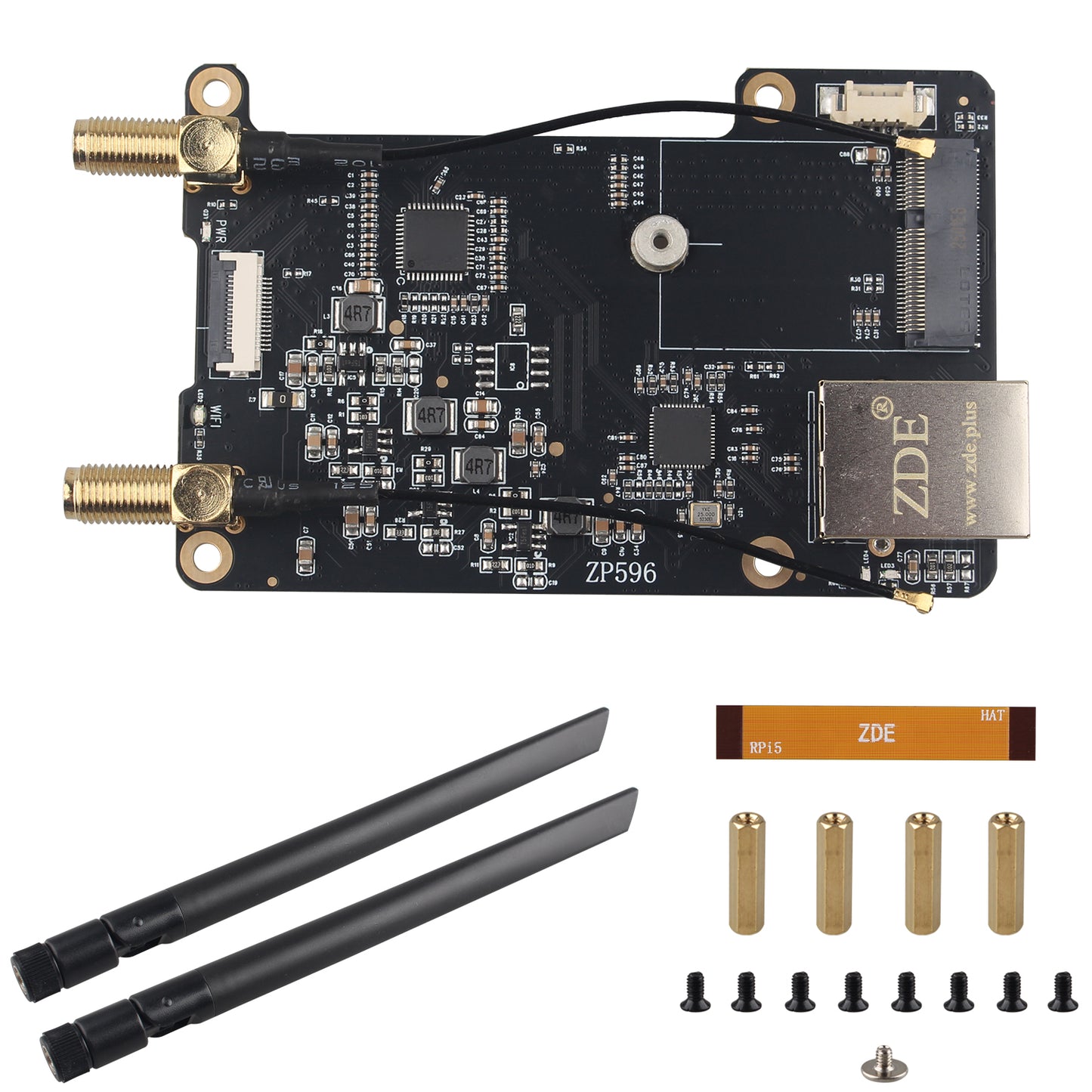 ZDE ZP596 PCIe to M.2 E Key WiFi7 6 6E 5 PCIe to 2.5G Ethernet Network Port HAT Adapter Expansion Board for Raspberry Pi 5 Support Google TPU WiFi 7 BE200 WIFI6E AX210 MT7922 WIFI6 AX200